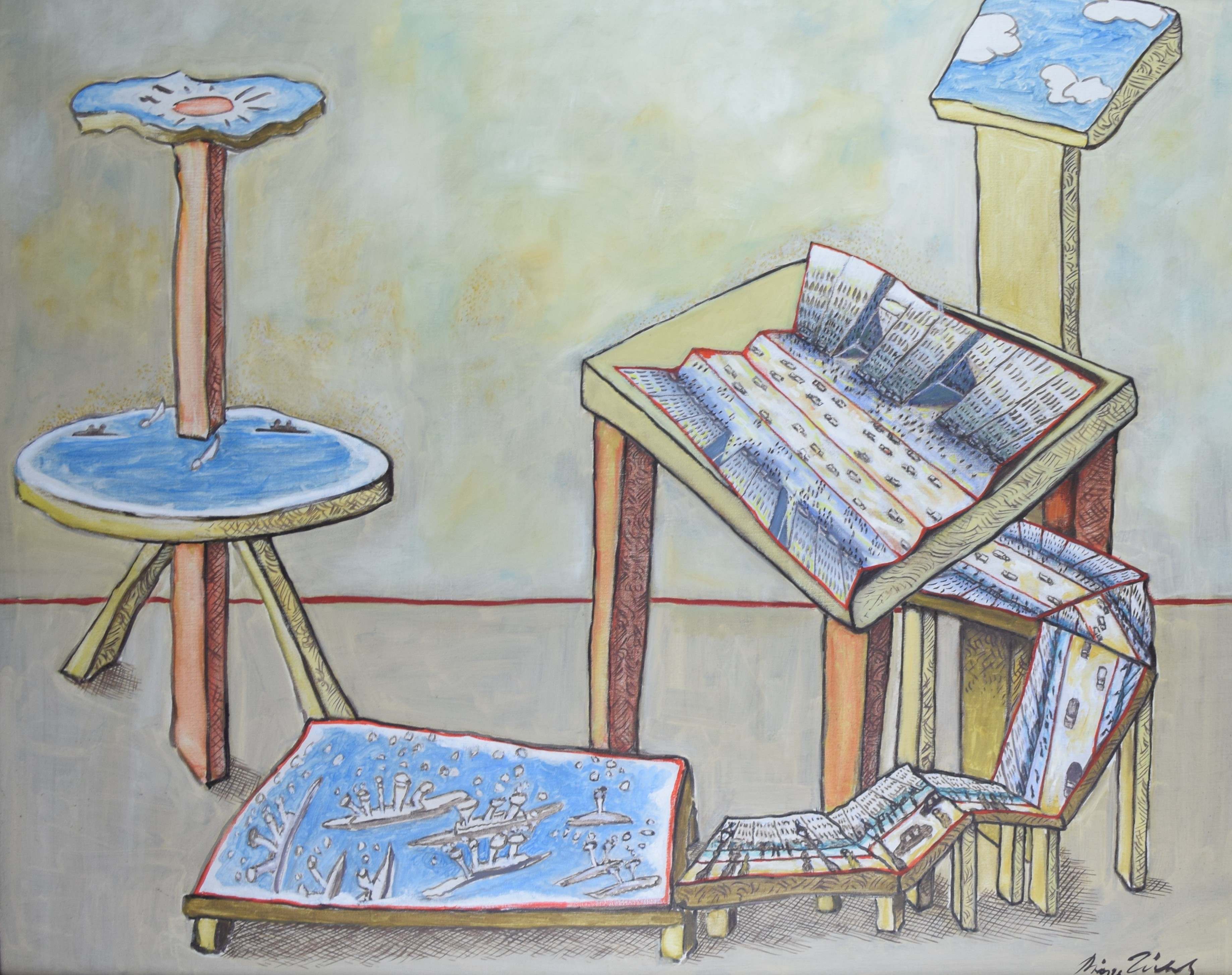 tableau L'atelier Tilot Pierre fantastique  huile toile 2ième moitié 20e siècle