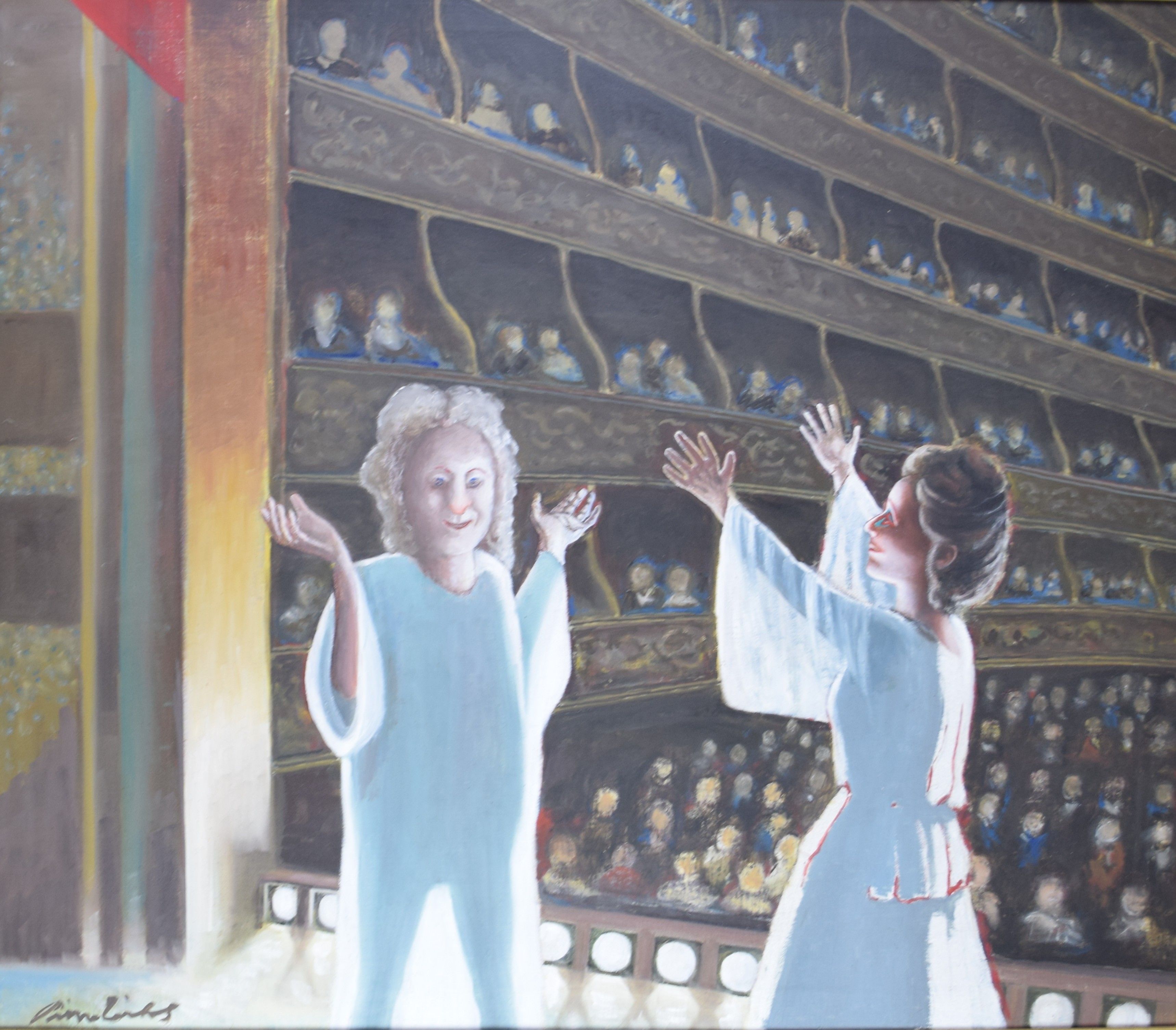 tableau Les guêpes comédie d'Aristophane Tilot Pierre personnage,scène d'intérieur  huile toile 2ième moitié 20e siècle