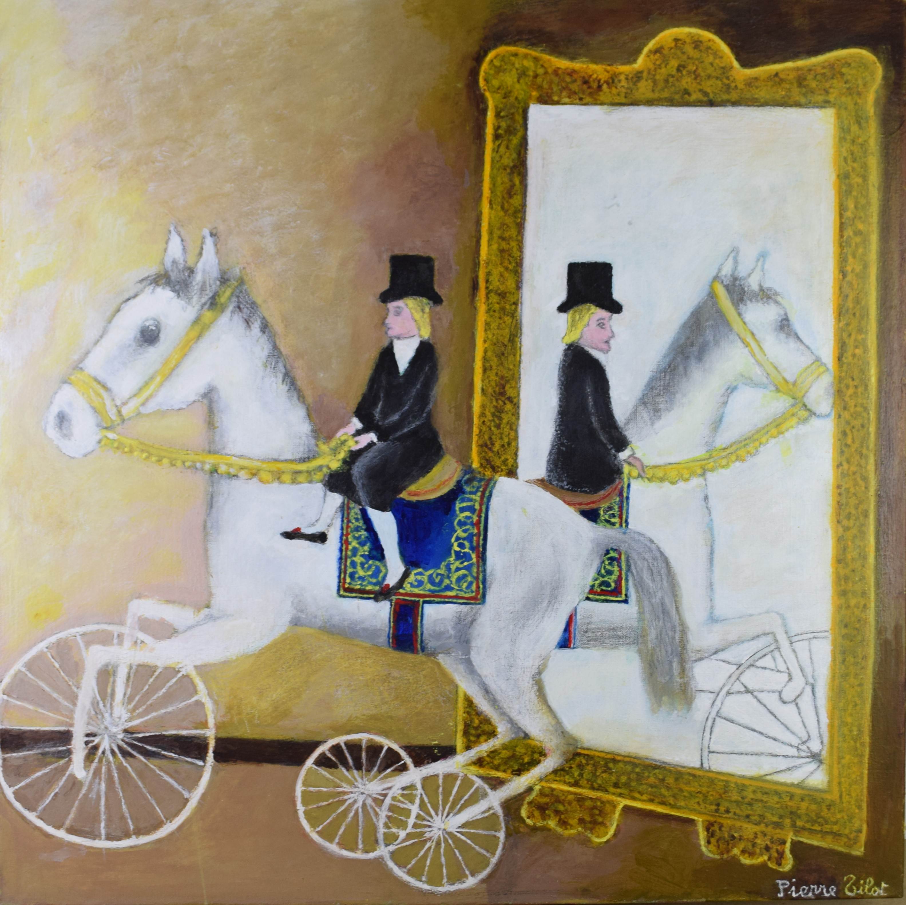 tableau Ma nénette sur son hippocyclette  Tilot Pierre animaux,personnage  huile toile 2ième moitié 20e siècle