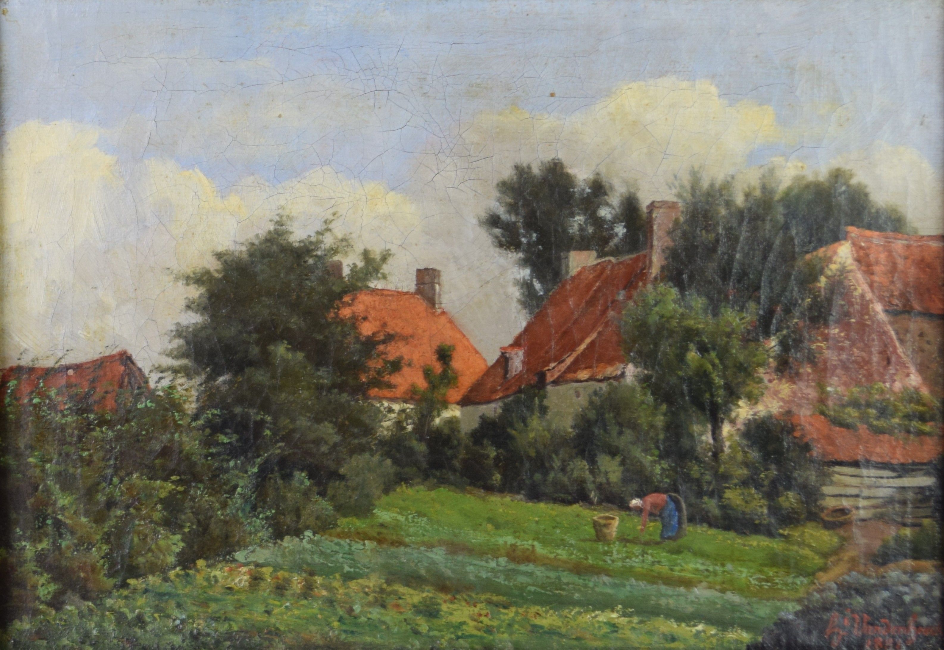 tableau Travail au potager  Van den Bouck  village  huile toile 1ère moitié 20e siècle