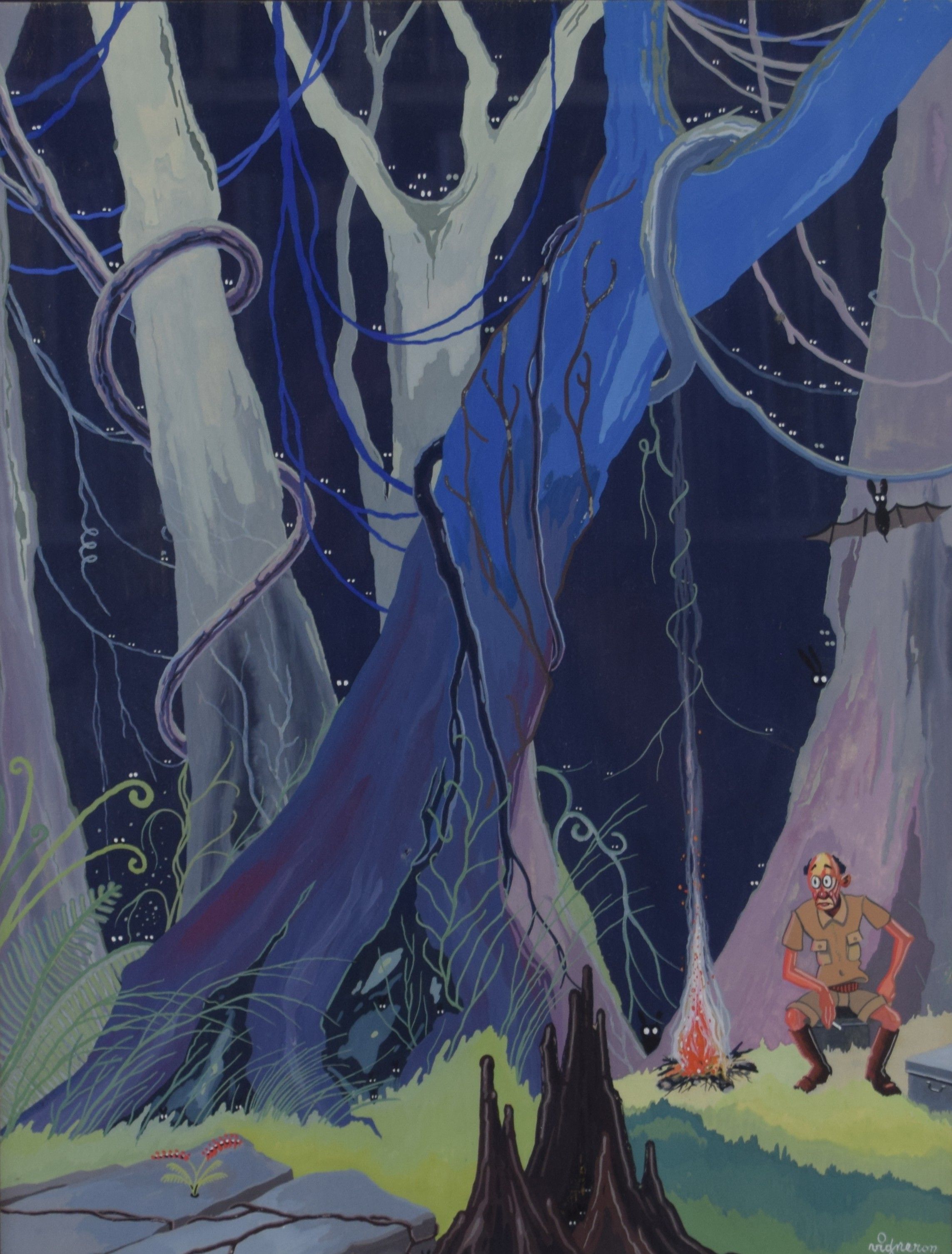 tableau La peur au coin du feu  Vigneron Walter personnage,africaniste  gouache papier 2ième moitié 20e siècle