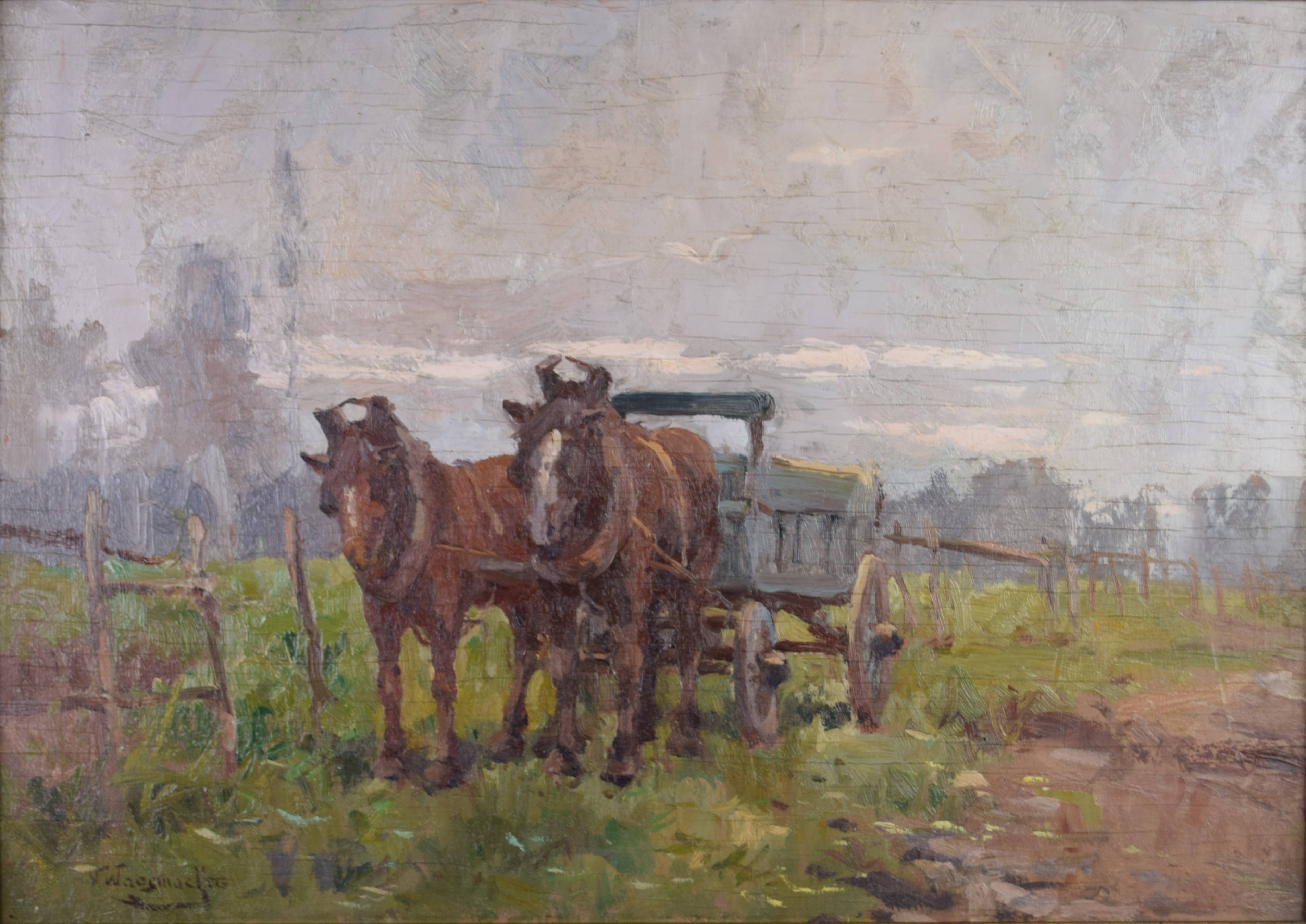 tableau L'attelage  Wagemaekers Victor paysage  huile panneau 1ère moitié 20e siècle