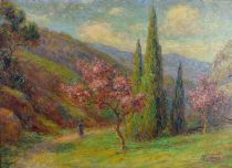 tableau Journée de printemps  Cuguen Victor Louis paysage,personnage  huile isorel 1ère moitié 20e siècle
