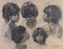 tableau Etudes de visages Eggermont Jacques portrait  fusain papier 2ième moitié 20e siècle