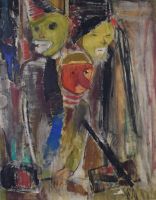 tableau Les 3 têtes de clown  Greisch Roger Emile personnage  huile papier 2ième moitié 20e siècle