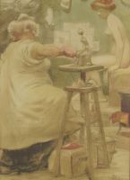 tableau Dans l'atelier de la sculptrice  Guillaume Albert Paul caricature,personnage,scène d'intérieur  estampe papier 1ère moitié 20e siècle