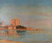 tableau Jeu de lumières sur le port Legrand  Maurice marine,village  gravure toile 1ère moitié 20e siècle