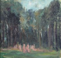 tableau Les nymphes    nu,paysage,personnage  huile carton 1ère moitié 20e siècle