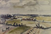 tableau Travail aux champs Mels René paysage,personnage  aquarelle papier 1ère moitié 20e siècle