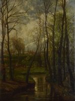 tableau Le village à travers la forêt Meyer Joséphine paysage,village,sous-bois  huile toile 1ère moitié 20e siècle