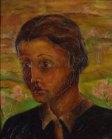 tableau Portrait sur fond de vallée   paysage,personnage  huile isorel 1ère moitié 20e siècle