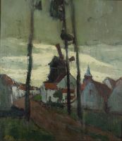 tableau Le moulin du village Pouchet Adolf village,moulin  huile toile 1ère moitié 20e siècle