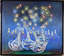 tableau Feu d'artifice Tilot Pierre fantastique  huile toile 2ième moitié 20e siècle