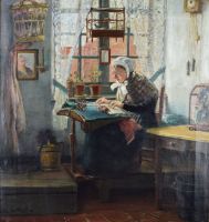 tableau La dentellière   Van Der Haeghen Edmond personnage,scène d'intérieur  huile toile 1ère moitié 20e siècle