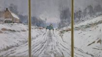 tableau Journée enneigée  Verbist A paysage,scène rurale  gouache papier 1ère moitié 20e siècle