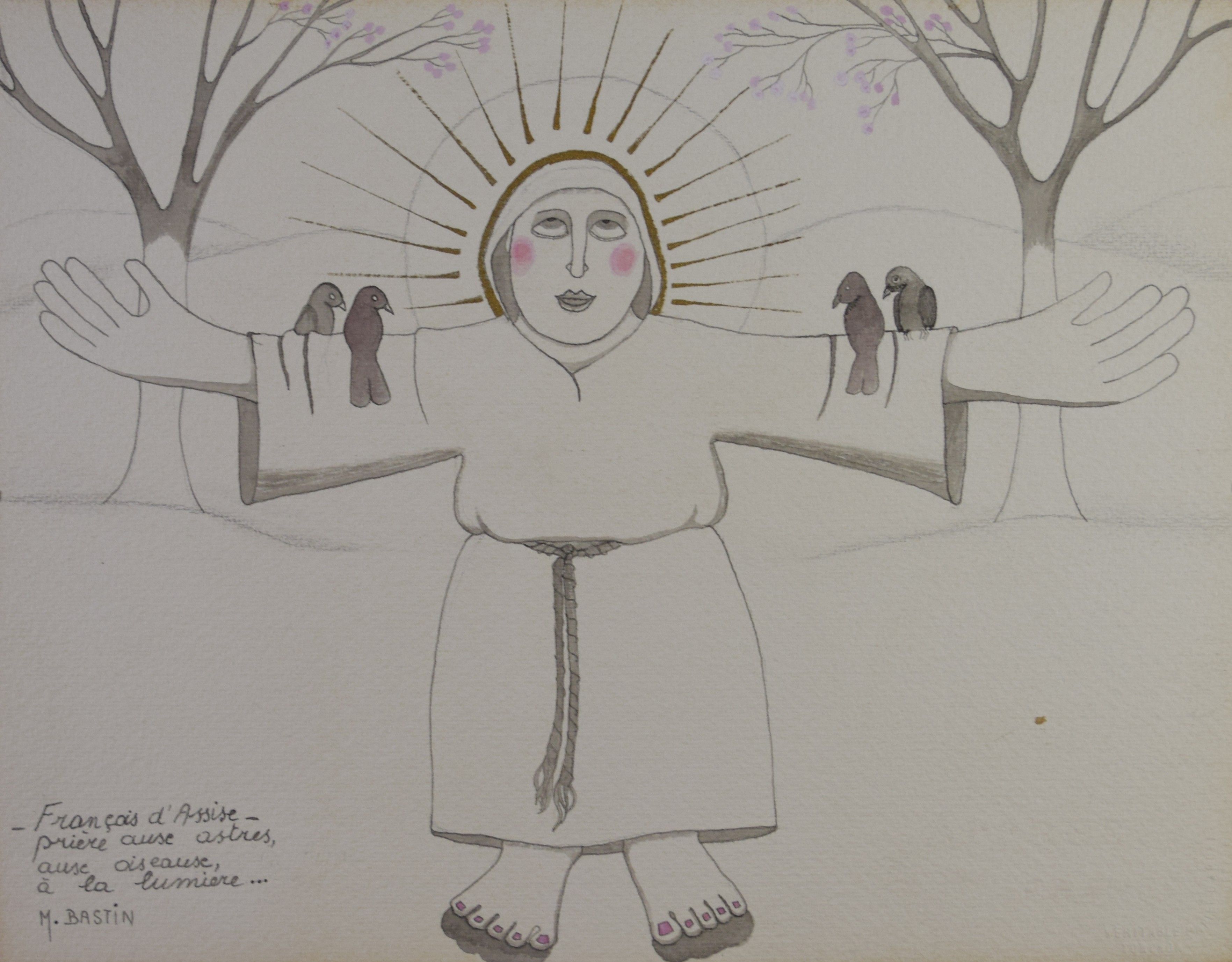 tableau Saint François d'Assise Bastin Mireille animaux,personnage,religieux  crayon papier 2ième moitié 20e siècle