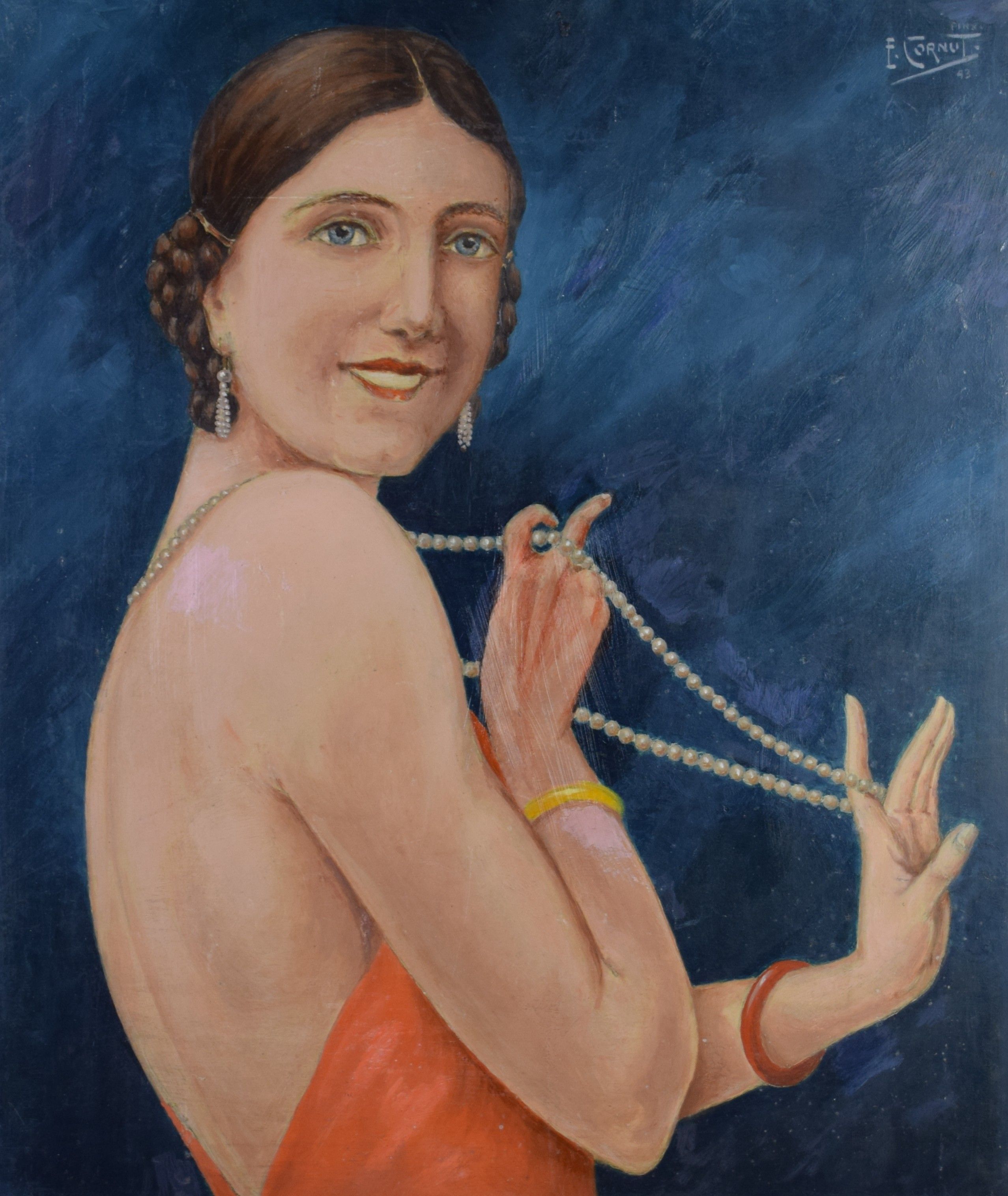 tableau Le collier de perles Cornut F village,église  huile toile 1ère moitié 20e siècle