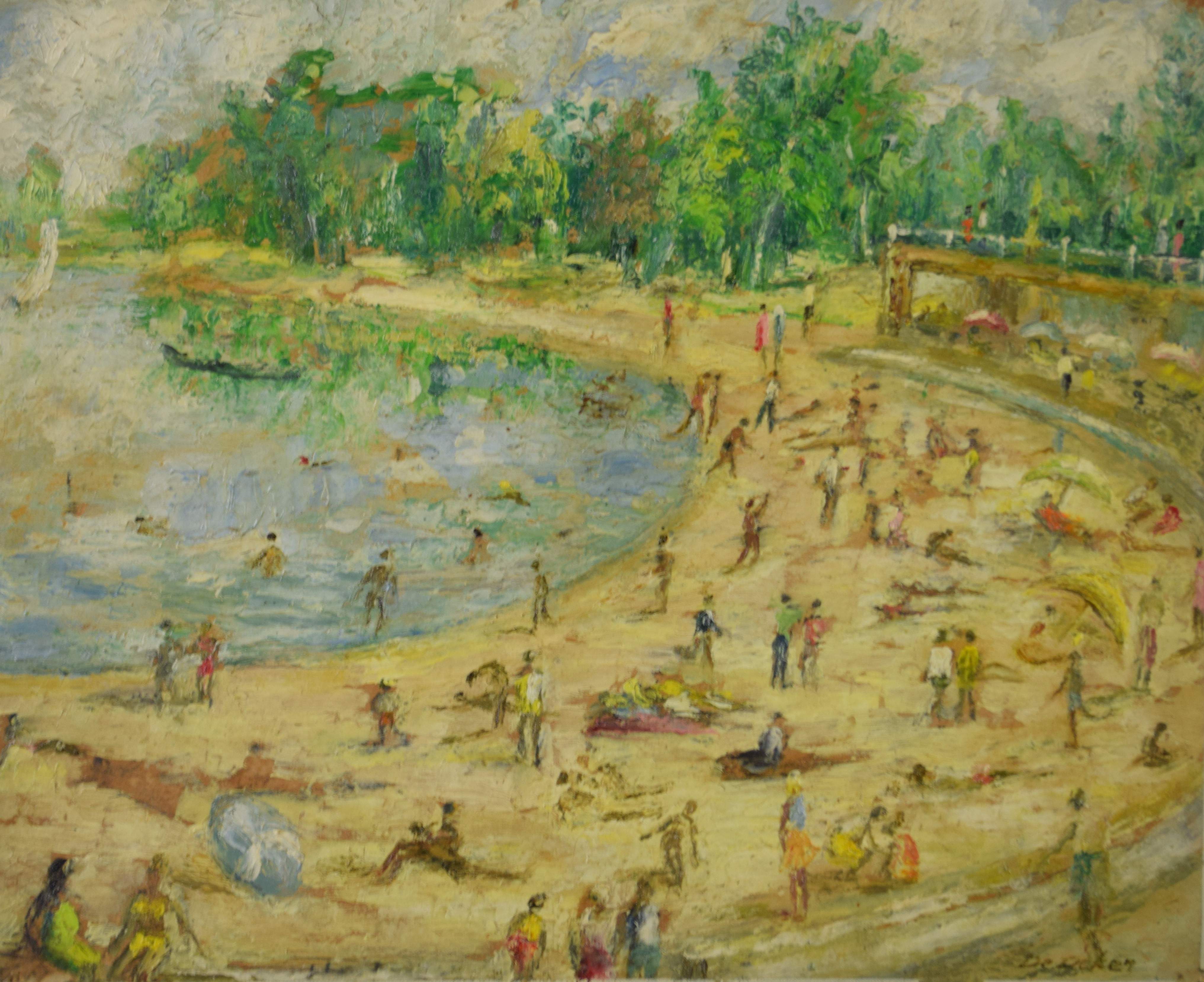 tableau Journée sur le sable De Deken Albert musique,personnage  huile isorel 2ième moitié 20e siècle