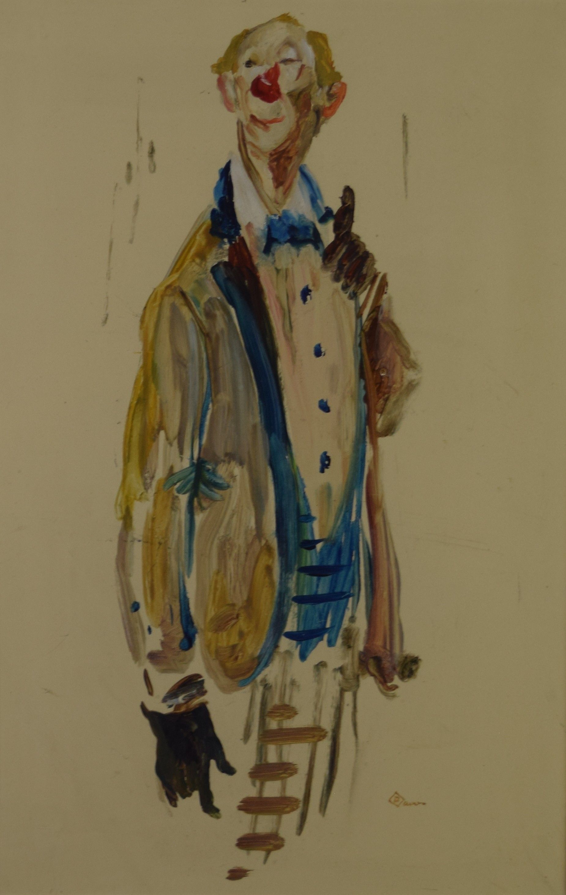 tableau Faite attention au clown   humoristique,personnage  huile papier 2ième moitié 20e siècle