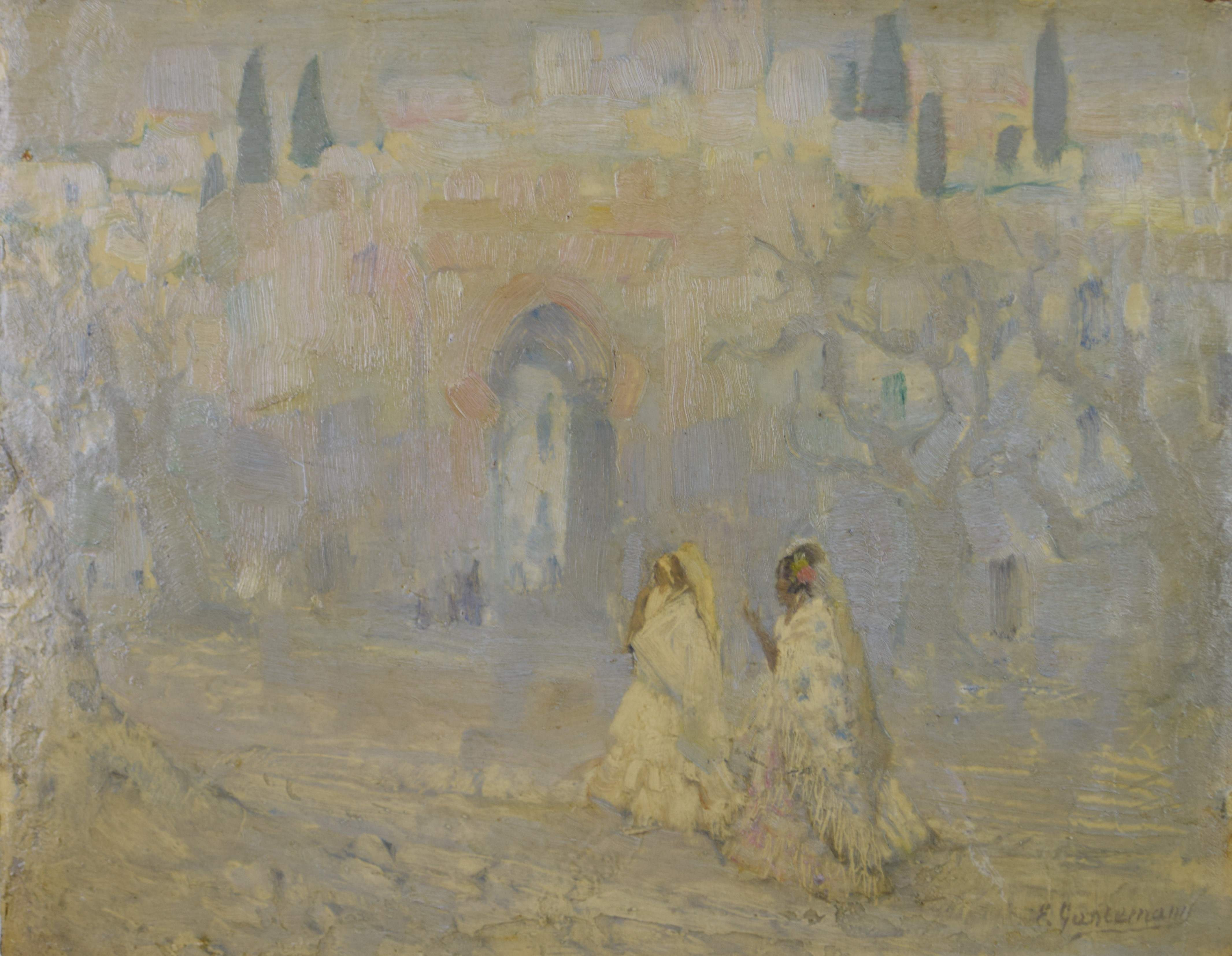 tableau La porte d'entrée de la ville Gastermans  Emile personnage,scène de genre,ville  huile carton 1ère moitié 20e siècle