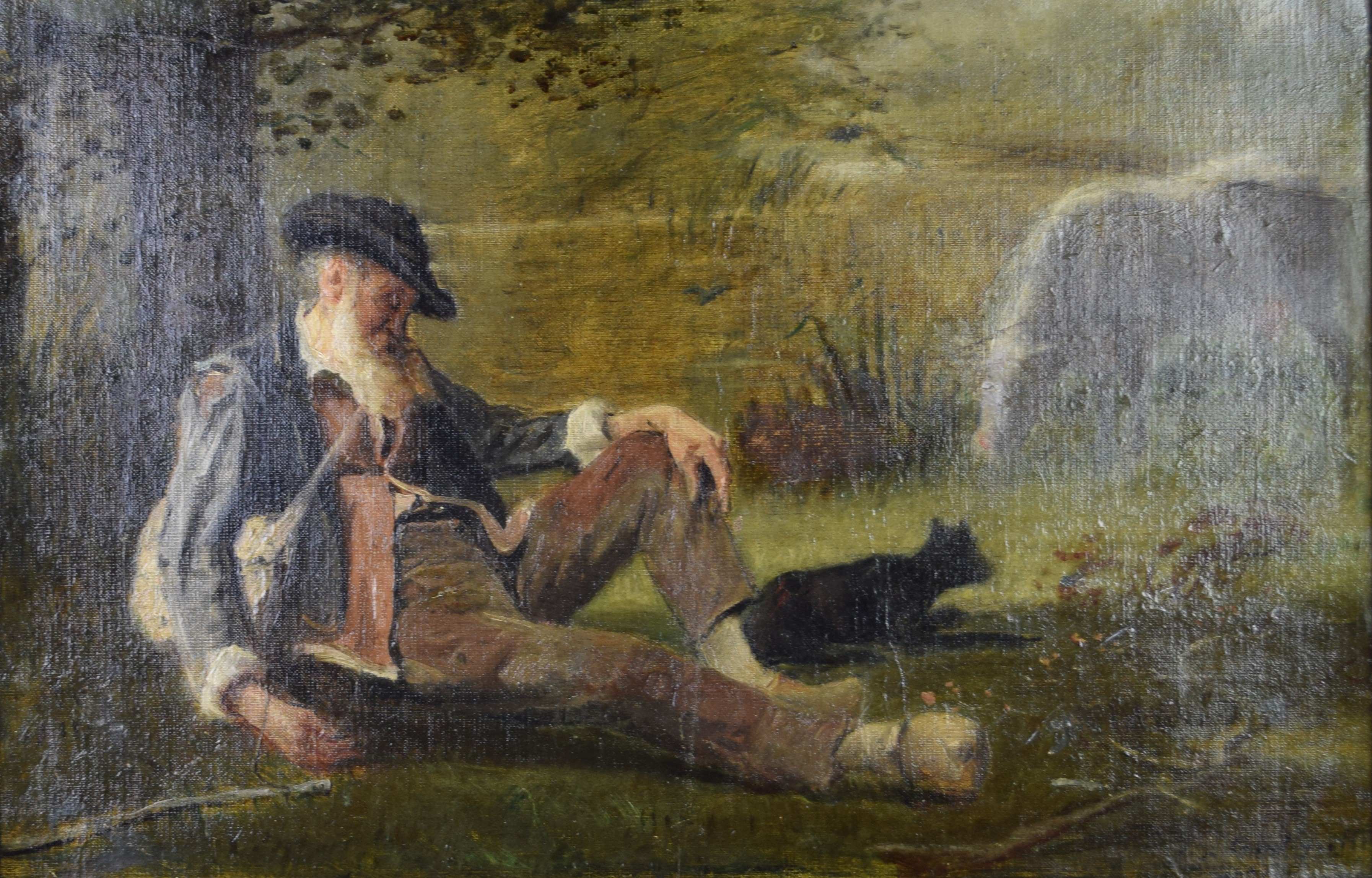 tableau Le repos du berger Grateyrolle Silvain Paul Frédéric animaux,personnage  huile toile 19e siècle