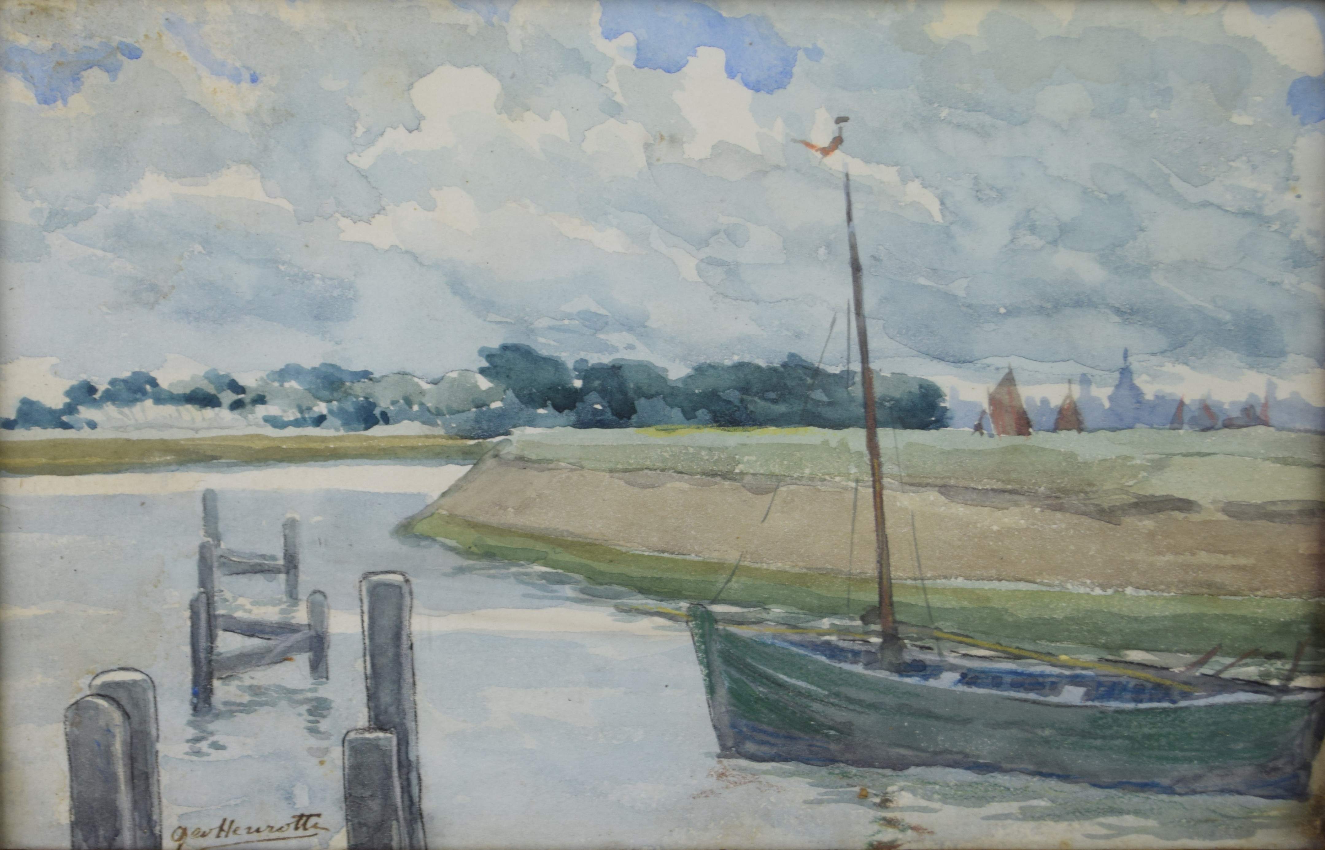 tableau Le chenal Henrotte Géo (Joseph Jean Victor) marine  aquarelle papier 1ère moitié 20e siècle