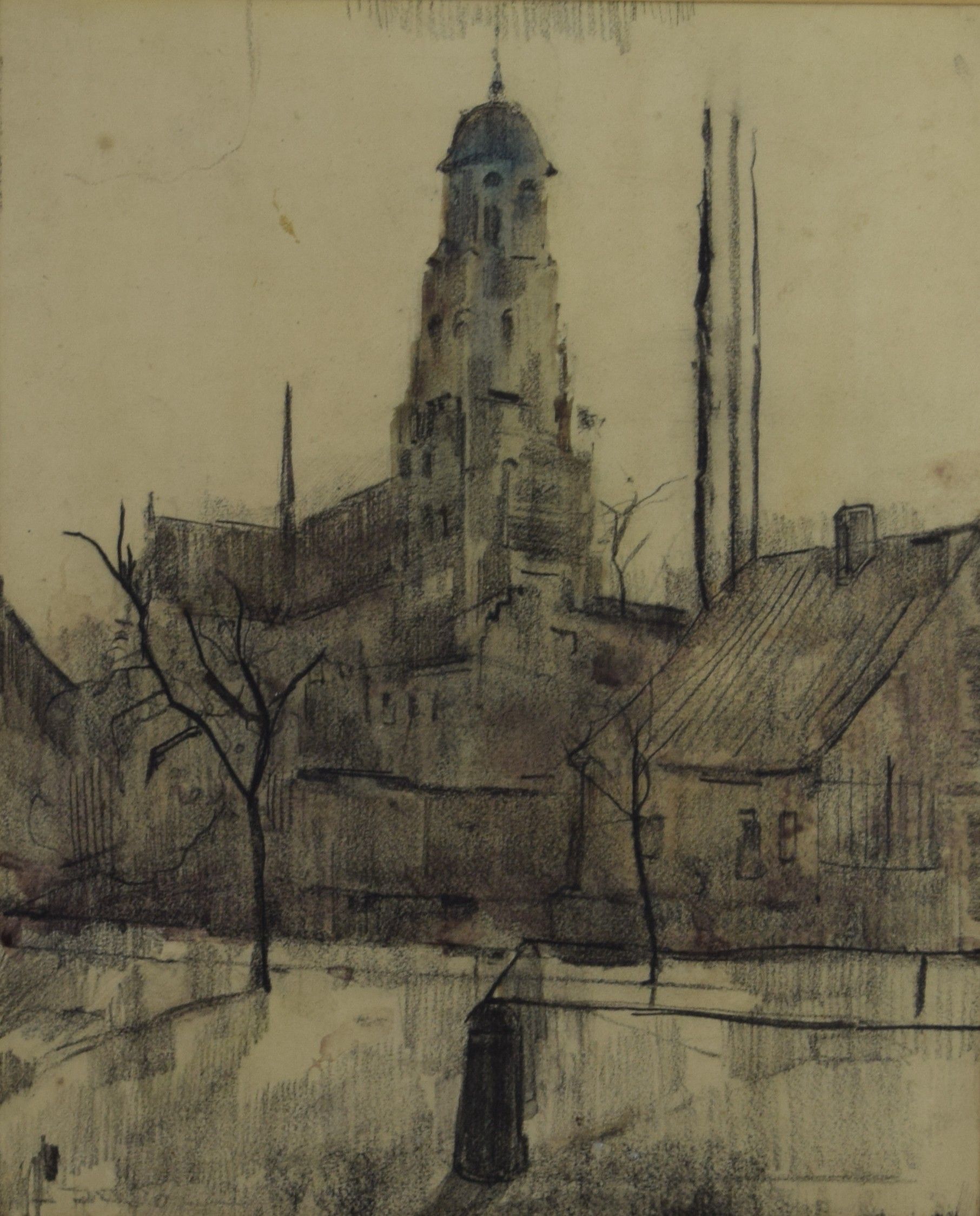 tableau La tour de Saint-Gommaire à Lierre Klein Paul Georges ville  fusain papier 1ère moitié 20e siècle