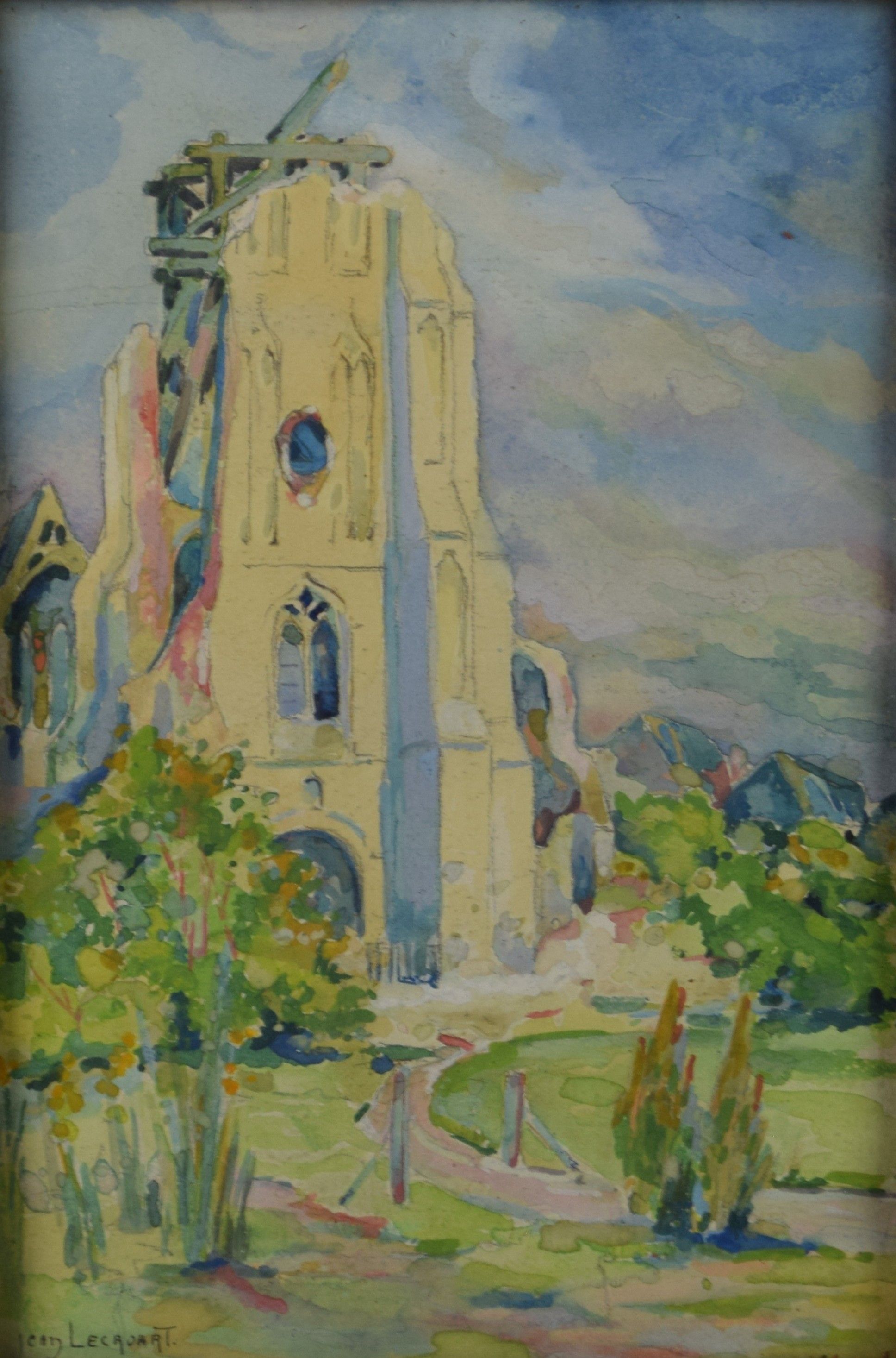 tableau L'église abandonnée  Lecroart Jean village,église  aquarelle papier 1ère moitié 20e siècle