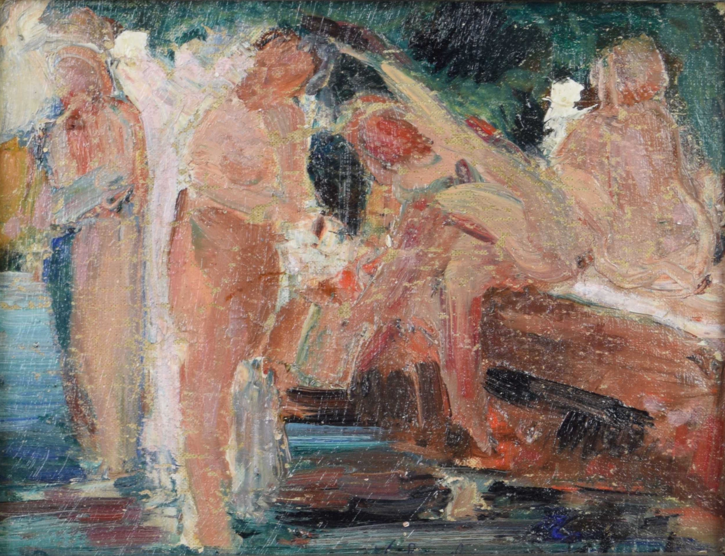 tableau Les naïades   nu,personnage  huile marouflé 1ère moitié 20e siècle