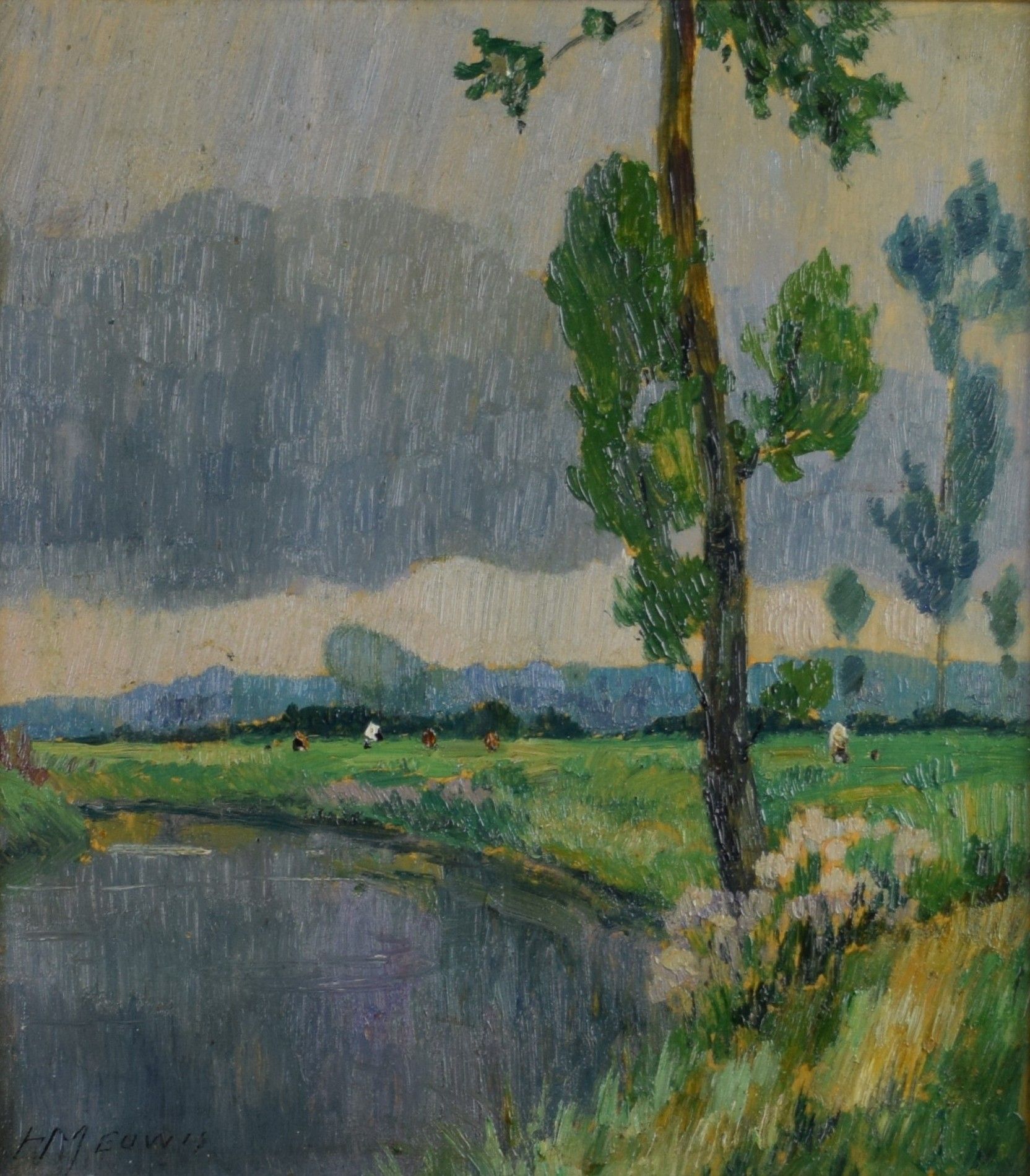 tableau L'étang Meuwis Henri animaux,paysage  huile carton 1ère moitié 20e siècle