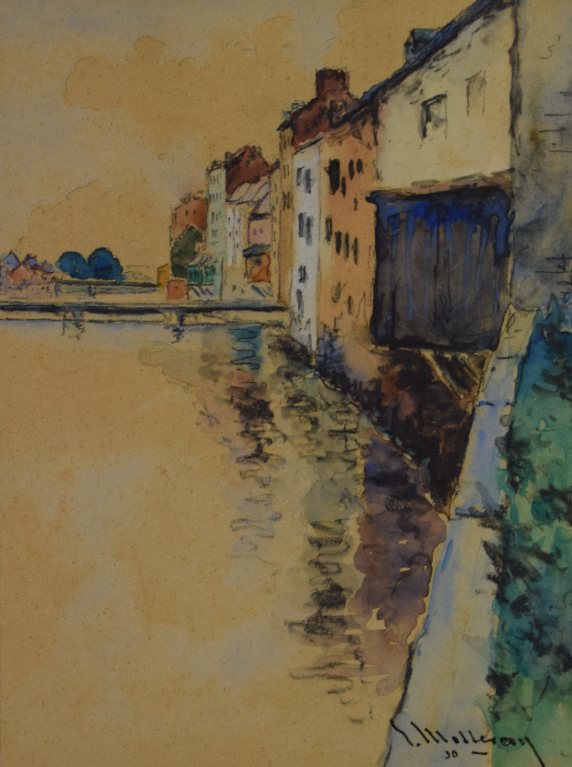 tableau La Sambre à Namur Mosseray Edmond ville  aquarelle carton 1ère moitié 20e siècle