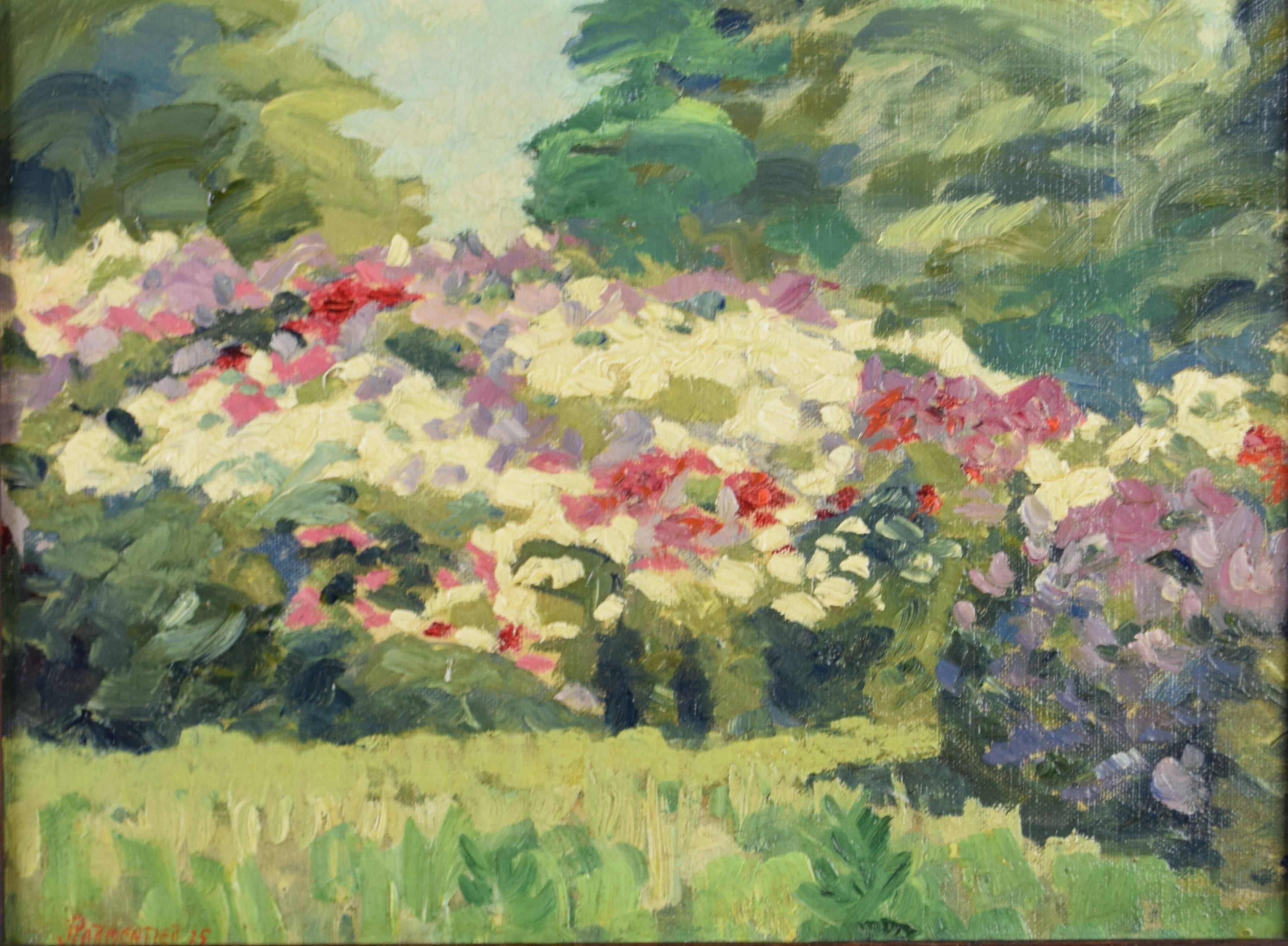 tableau Le jardin fleuris  Parmentier Jean fleurs,paysage  huile marouflé 1ère moitié 20e siècle