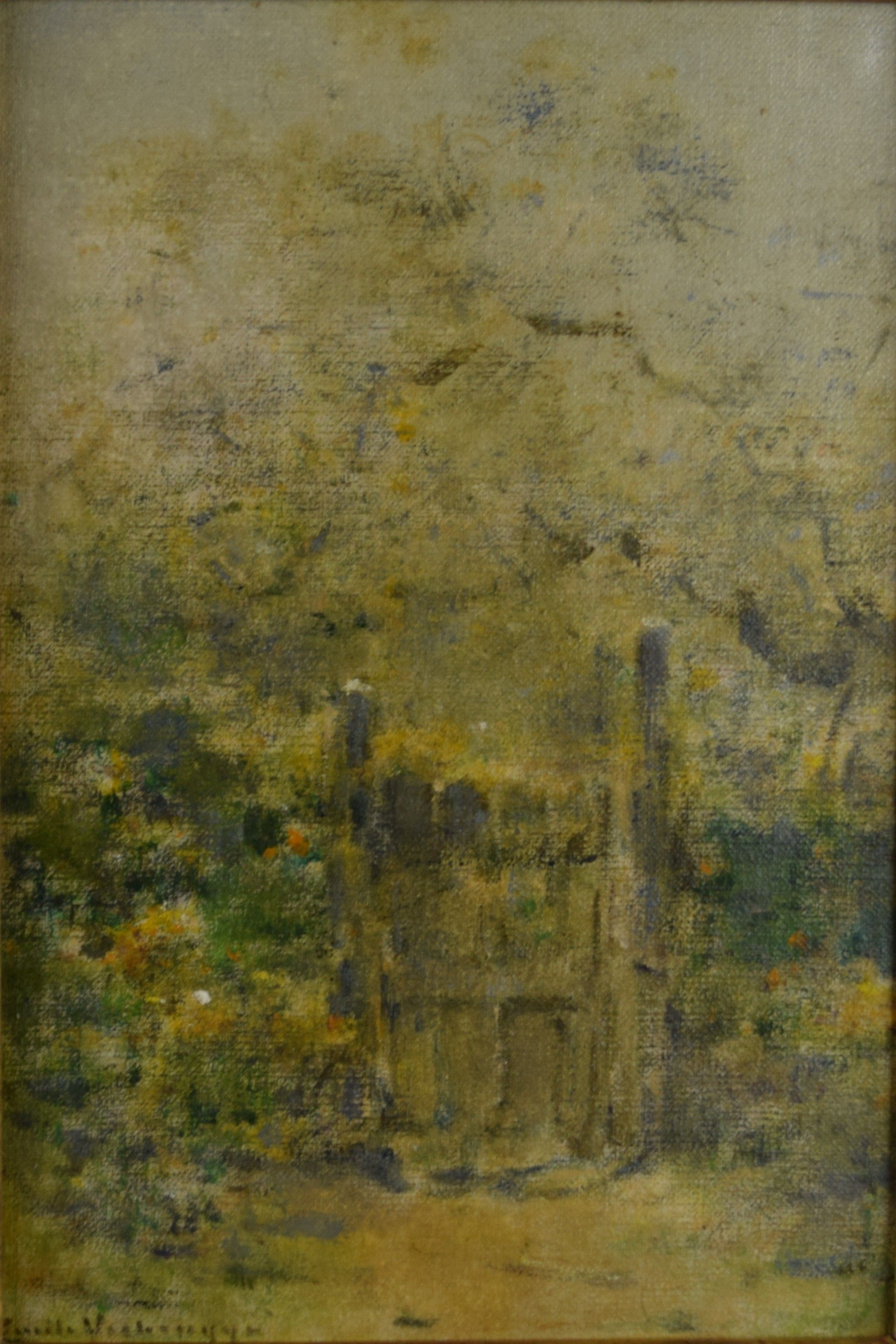 tableau L'entrée du jardin Verbrugge Emile paysage  huile carton 1ère moitié 20e siècle