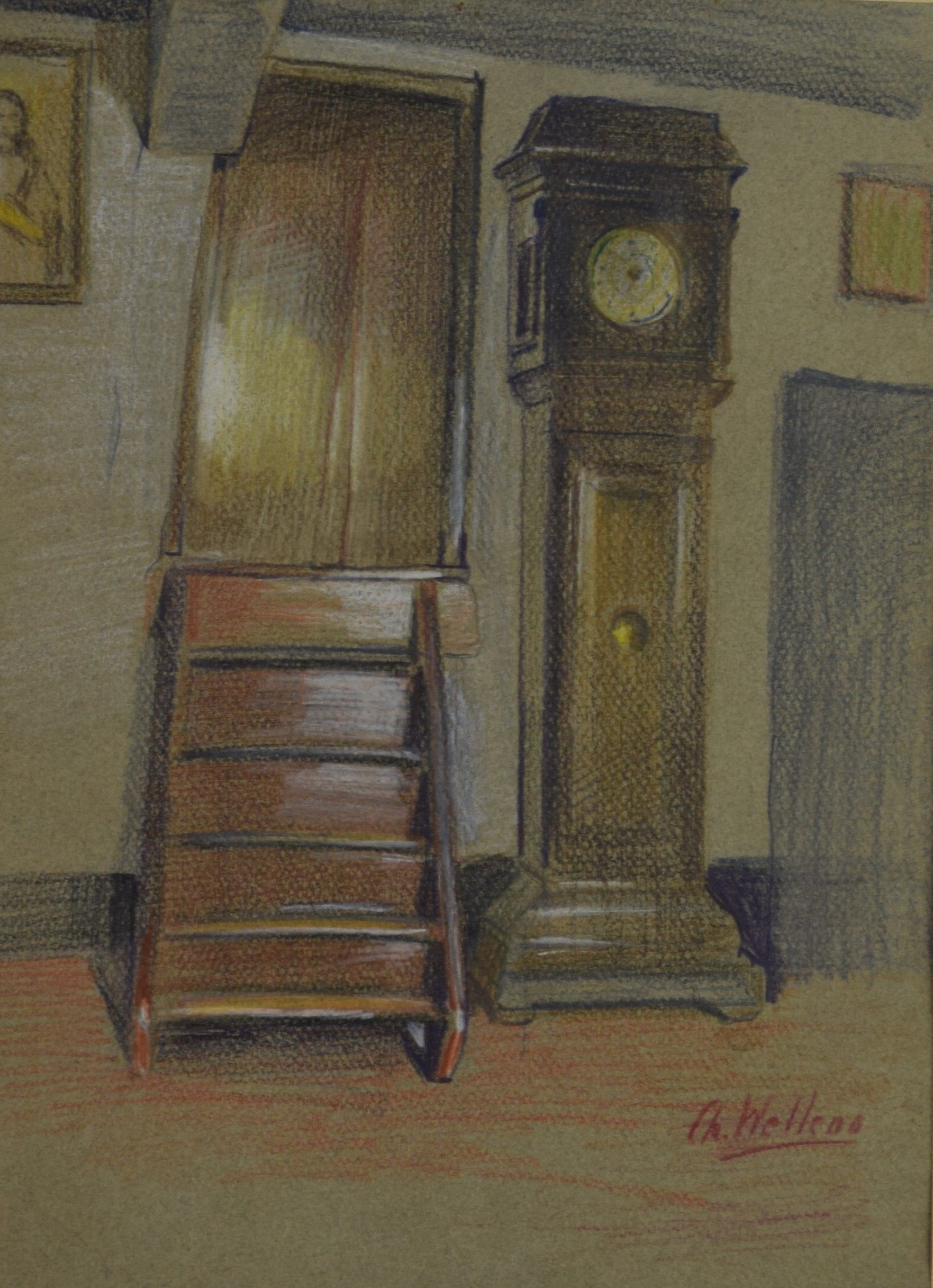 tableau La grande horloge  Wellens  Charles (Karel) scène d'intérieur  crayon papier 1ère moitié 20e siècle