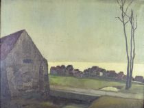 tableau Ciel pluvieux  De Coorde Charles paysage,village  huile toile 1ère moitié 20e siècle