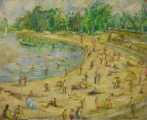 tableau Journée sur le sable De Deken Albert musique,personnage  huile isorel 2ième moitié 20e siècle