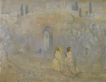 tableau La porte d'entrée de la ville Gastermans  Emile personnage,scène de genre,ville  huile carton 1ère moitié 20e siècle