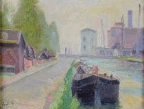 tableau Péniche à quai Lambiotte    huile panneau 1ère moitié 20e siècle