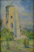 tableau L'église abandonnée  Lecroart Jean village,église  aquarelle papier 1ère moitié 20e siècle