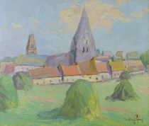 tableau Les meules de foins   paysage  huile panneau 1ère moitié 20e siècle