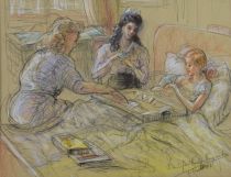 tableau La petite convalescente Van de Veegaete Marie-José personnage  pastel papier 1ère moitié 20e siècle