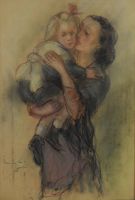 tableau Le petit bisou  Van de Veegaete Marie-José personnage  pastel papier 1ère moitié 20e siècle