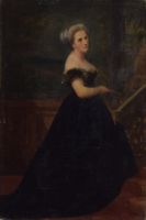 tableau La dame a l'éventail  Watelet Charles Joseph personnage  huile toile 19e siècle