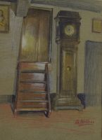 tableau La grande horloge  Wellens  Charles (Karel) scène d'intérieur  crayon papier 1ère moitié 20e siècle