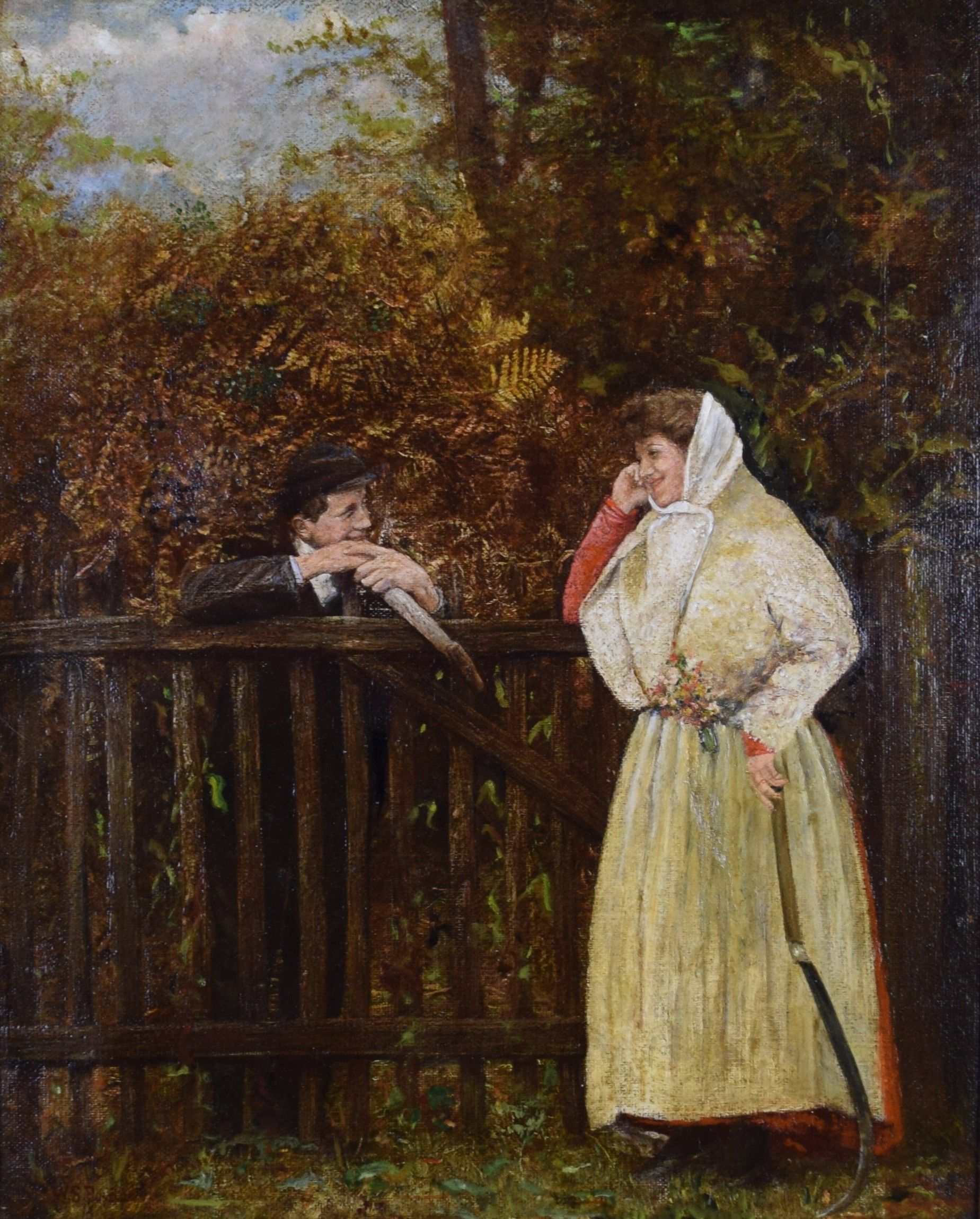 tableau Conversation à la clôture   personnage  huile toile 19e siècle