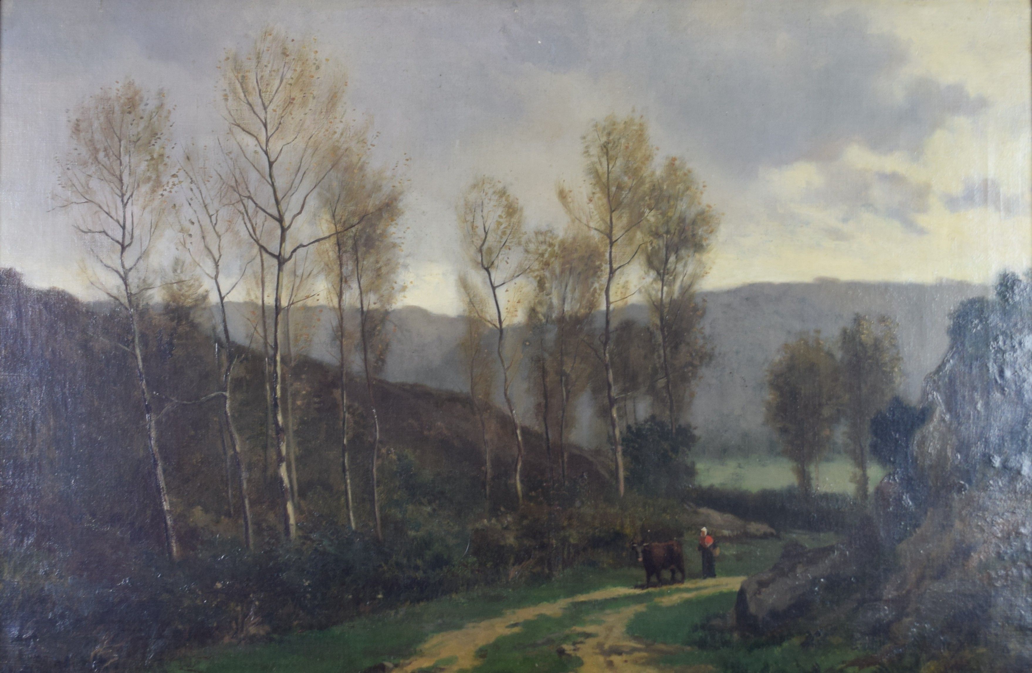 tableau La fermière et sa vache De Simpel AB animaux,paysage,personnage,scène rurale  huile toile 19e siècle