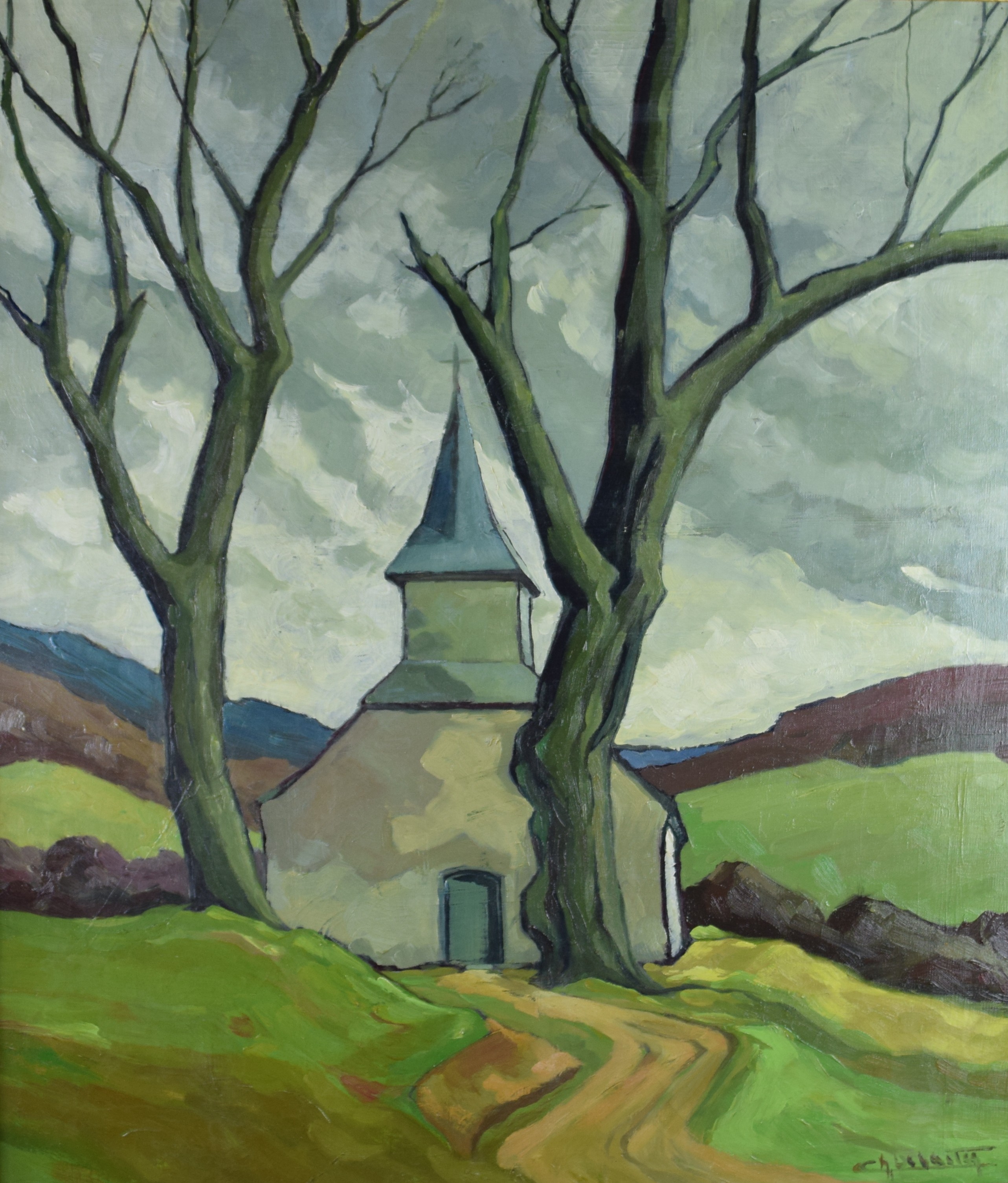 tableau La chapelle aux environs de la Lesse Delaite Charles paysage,église  huile toile 2ième moitié 20e siècle