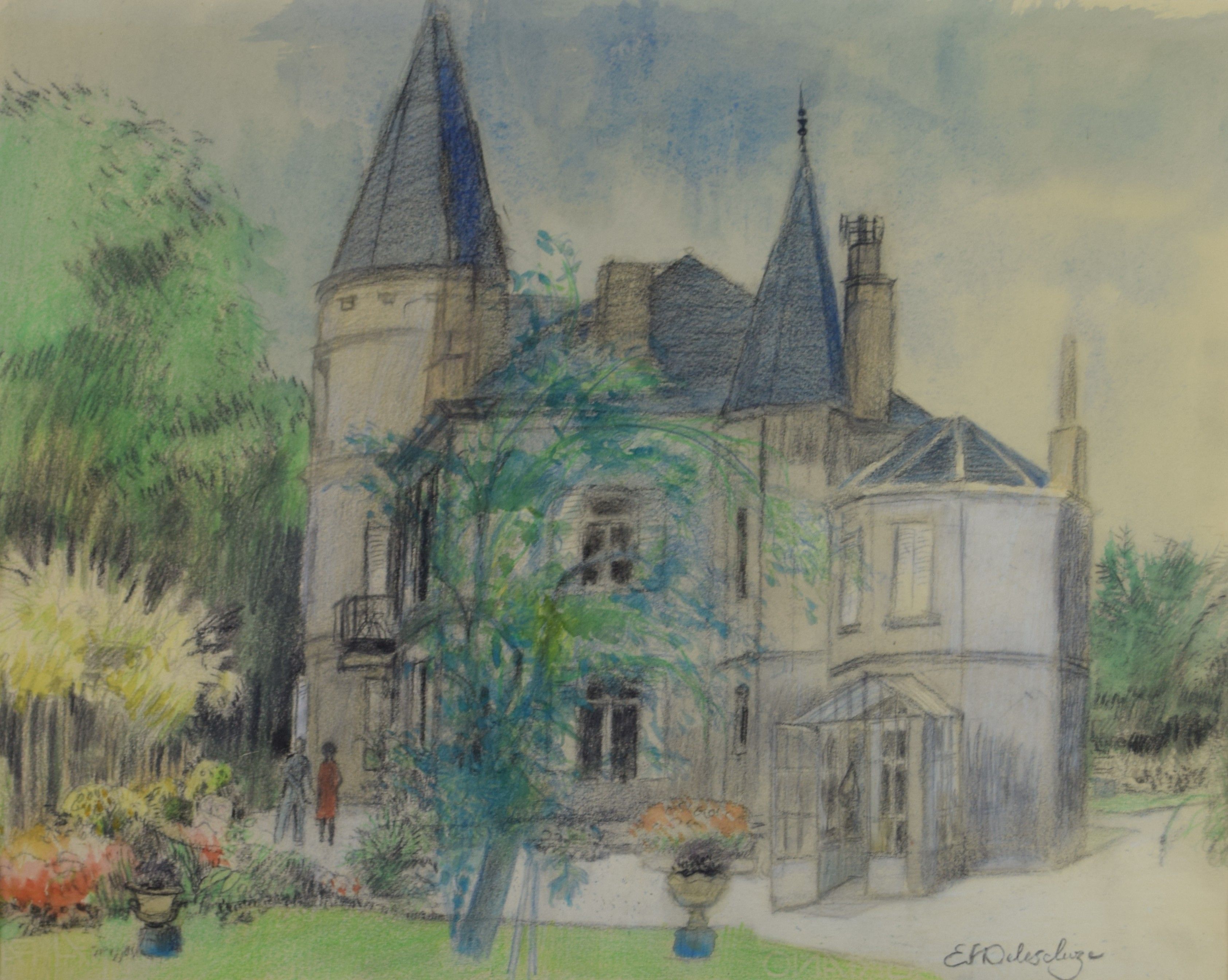 tableau Journée au château  Delescluze Edmond paysage,personnage  mixte papier 2ième moitié 20e siècle