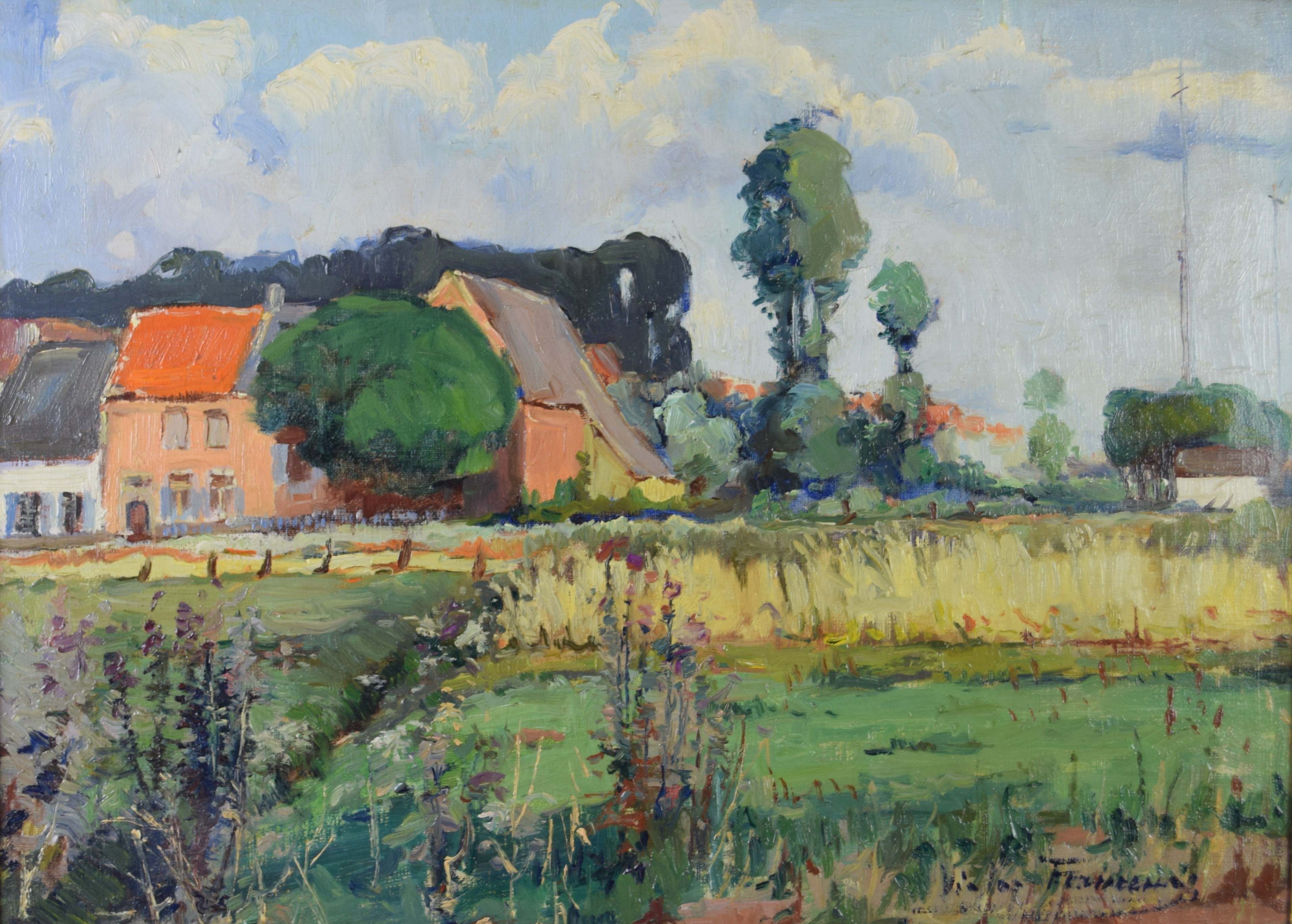 tableau Le village et les piquets du tir à l'arc  Fermeuse Victor village  huile toile 1ère moitié 20e siècle