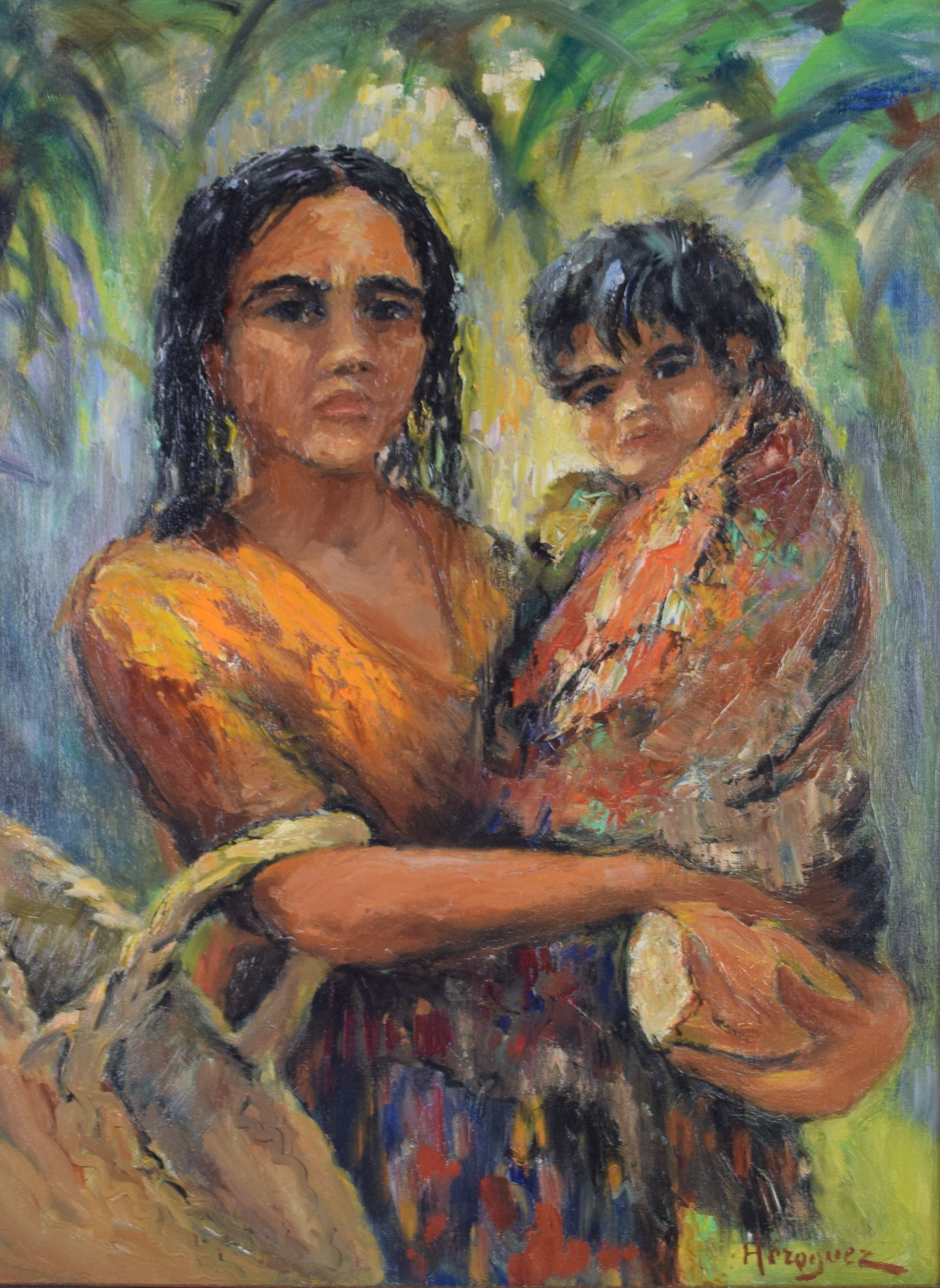 tableau La maman et son fils Heroguez Gilbert personnage  huile toile 2ième moitié 20e siècle